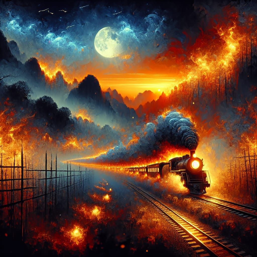 Fiery Train Creates Smoky Message in Twilight Landscape
