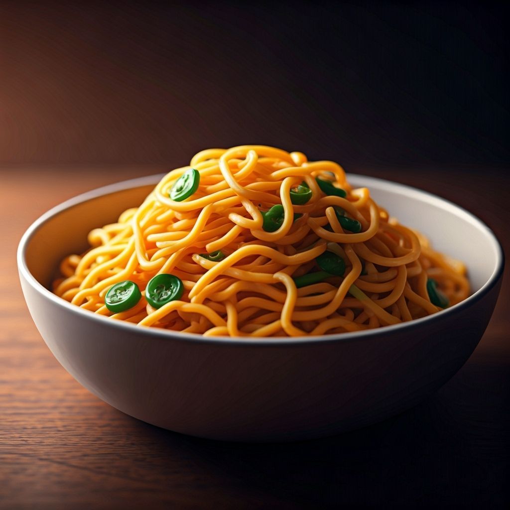 Hyperrealistic Noodles with Button Vegetables in Soft Focus