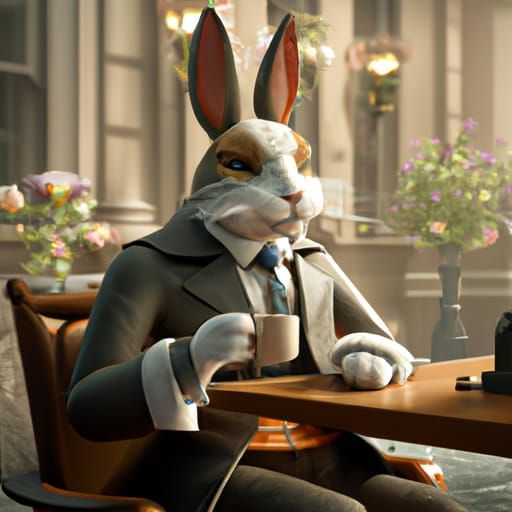 Rabbit in Suit Sipping Espresso, Digital Art