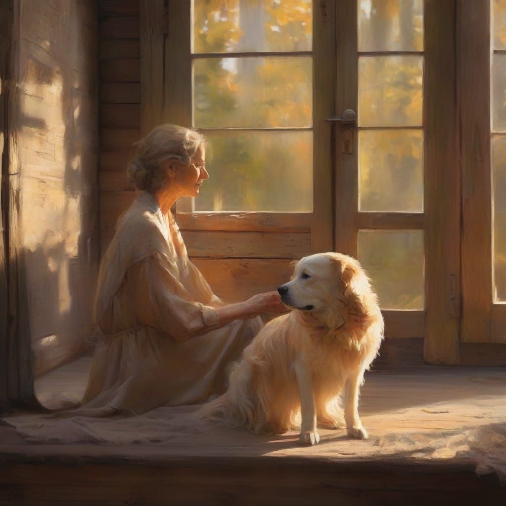 Old Woman and Golden Retriever on Farmhouse Porch