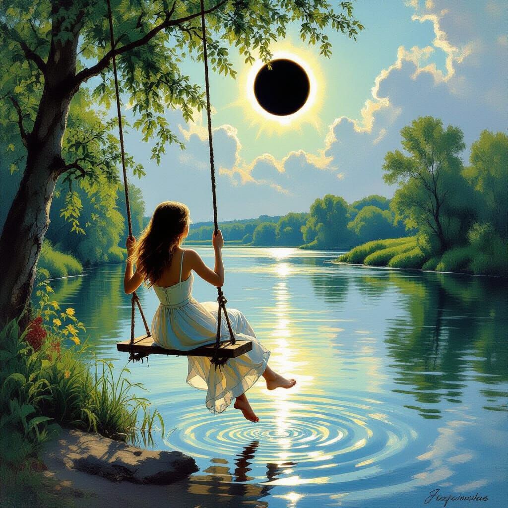 Girl Swinging by River During Solar Eclipse Reflection