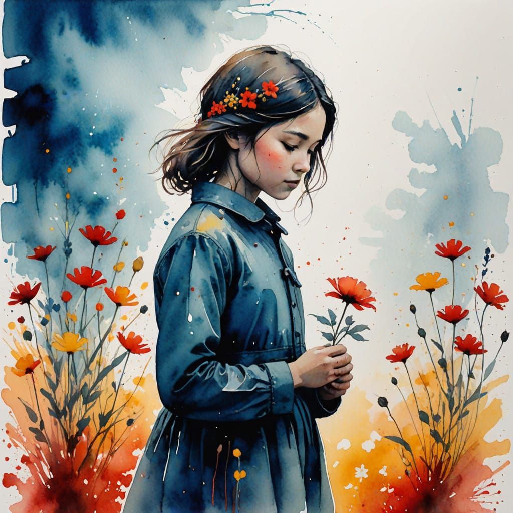 Ethereal Watercolor Portrait of a Young Girl in Nature