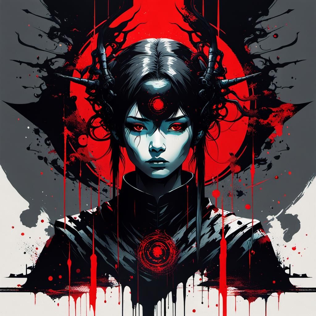 Dark Fantasy Priestess Casting Magic in Black and Red