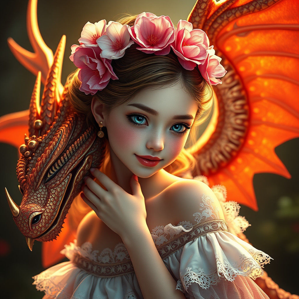 Fantasy Flower Girl with Dragon in Hyper-Realistic Style