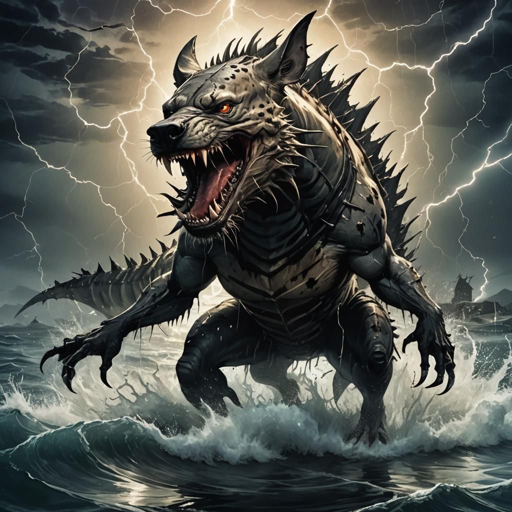 Shark Scorpion Hybrid in Stormy Seas: Dark Fantasy Art
