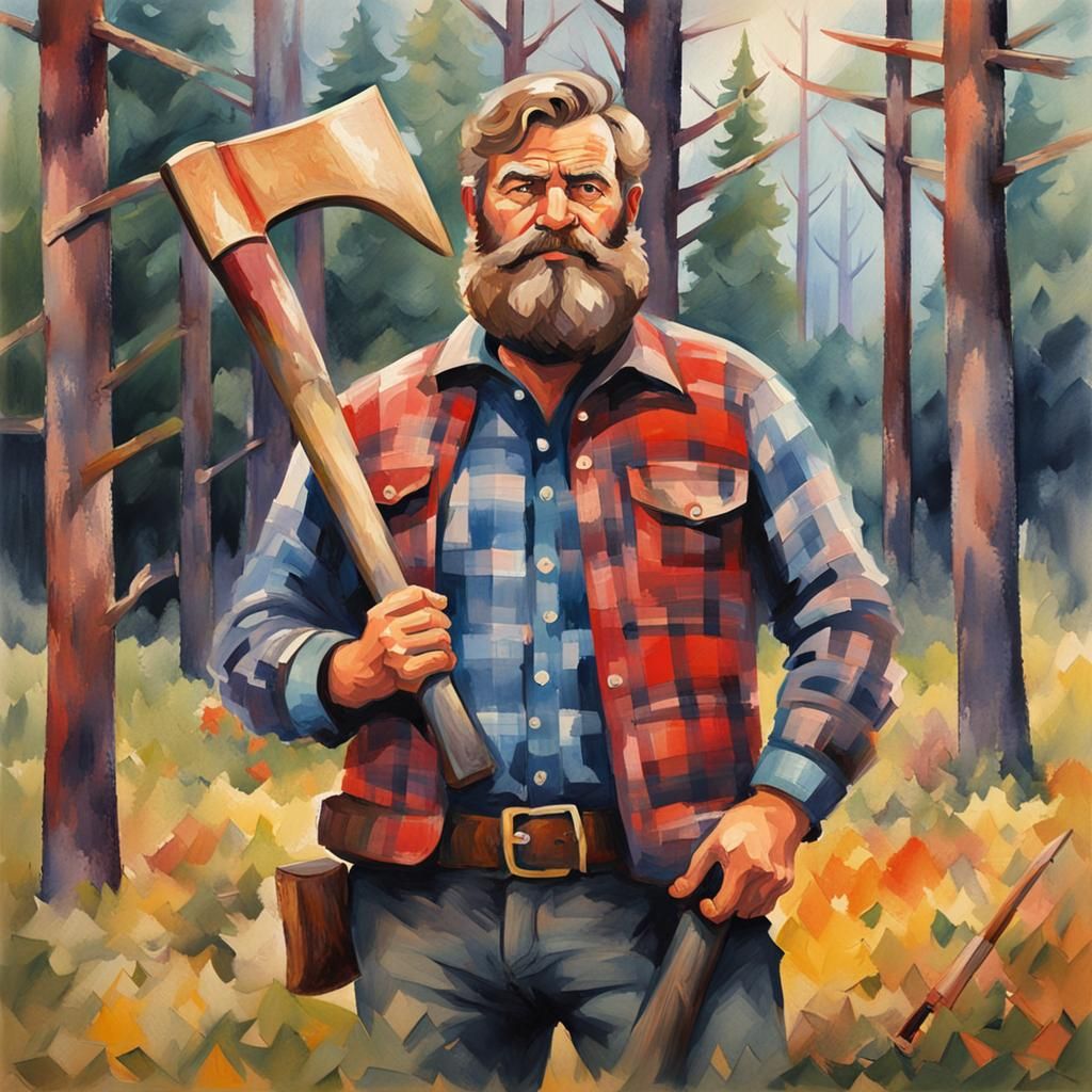 Bearded Lumberjack with Axe in Gouache Style
