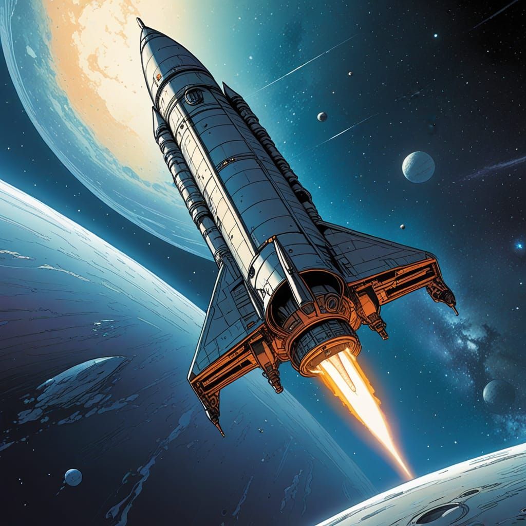 Ethereal Space Rocket in Moebius Style Line Art