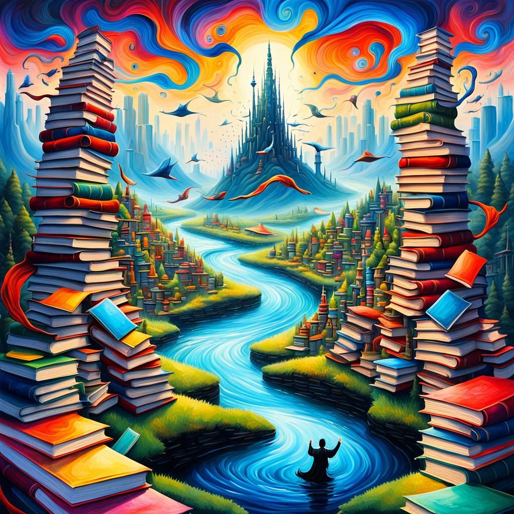 Surreal Book Landscape with Ink Rivers