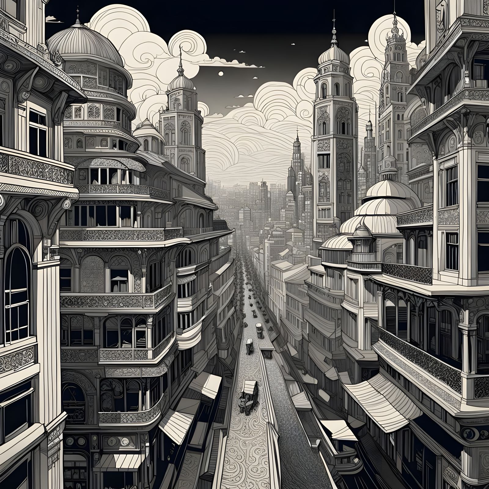 Detailed Doodle Sketch of Southern City in Black and White