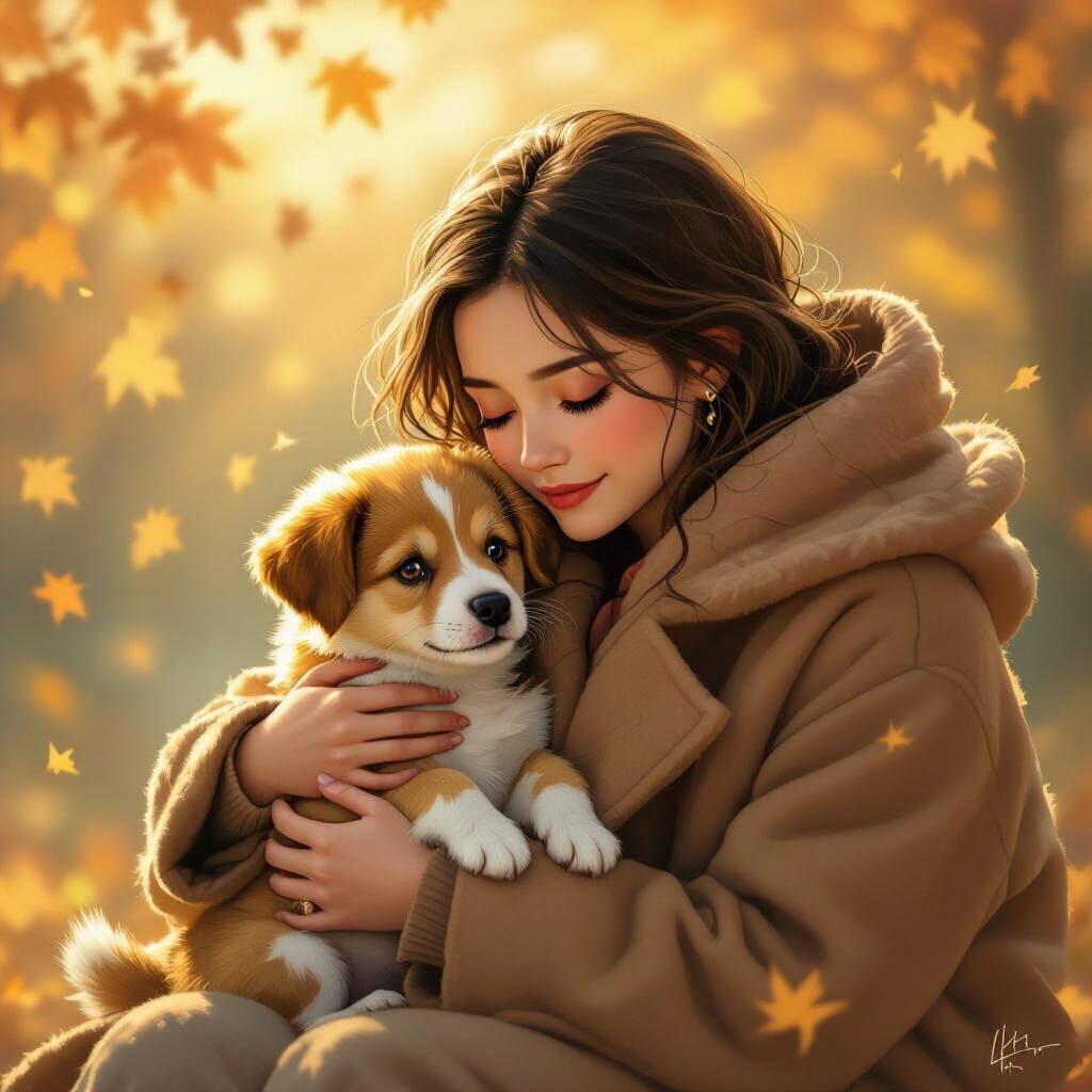 Girl Comforts Scared Puppy in Sunlight, Manga Art Style