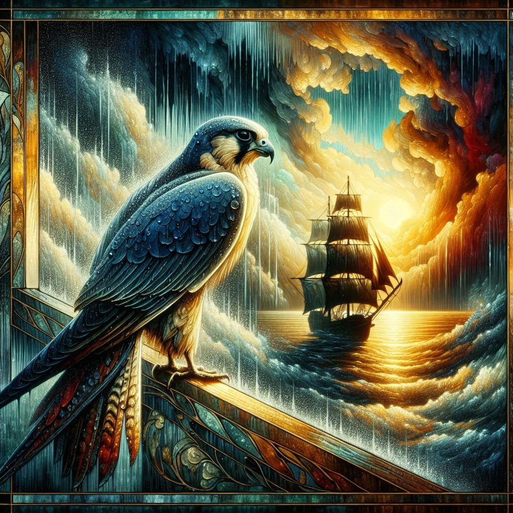 A falcon waiting for the rain to stop
