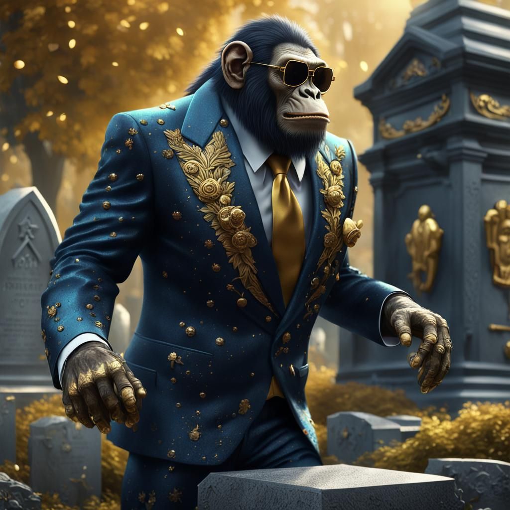 Hyperrealistic Ape Dancing on Grave in Fancy Suit