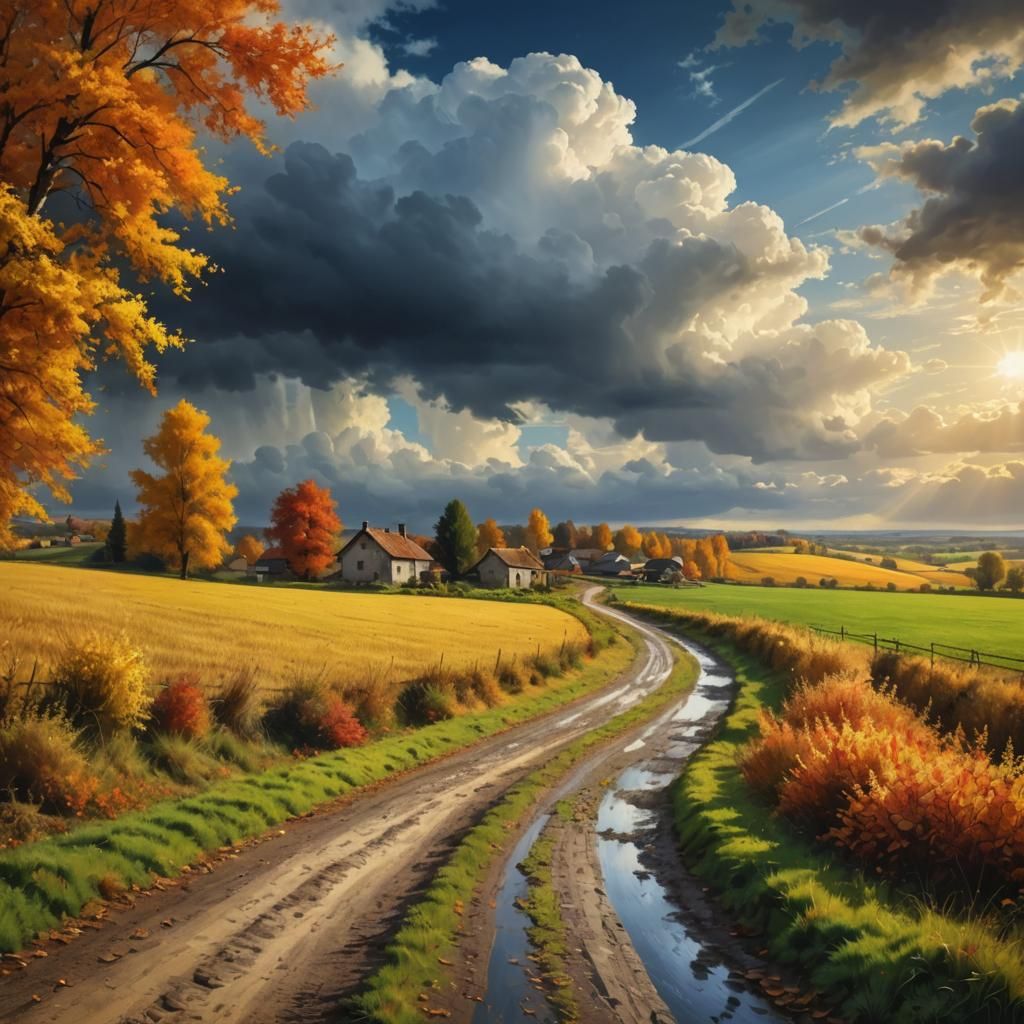 Autumn Countryside Landscape Under Dark Sky