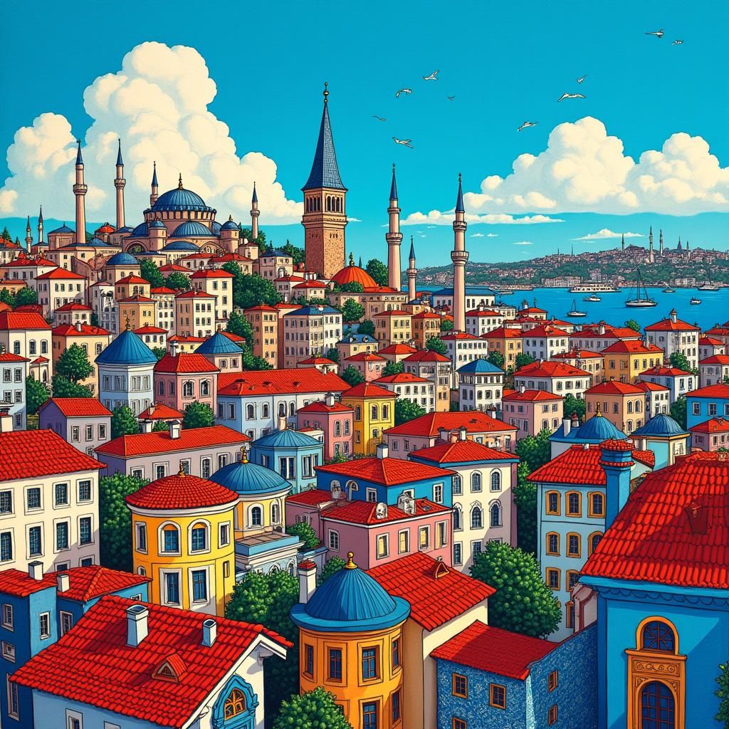 Istanbul Cityscape in Vibrant Gouache Style