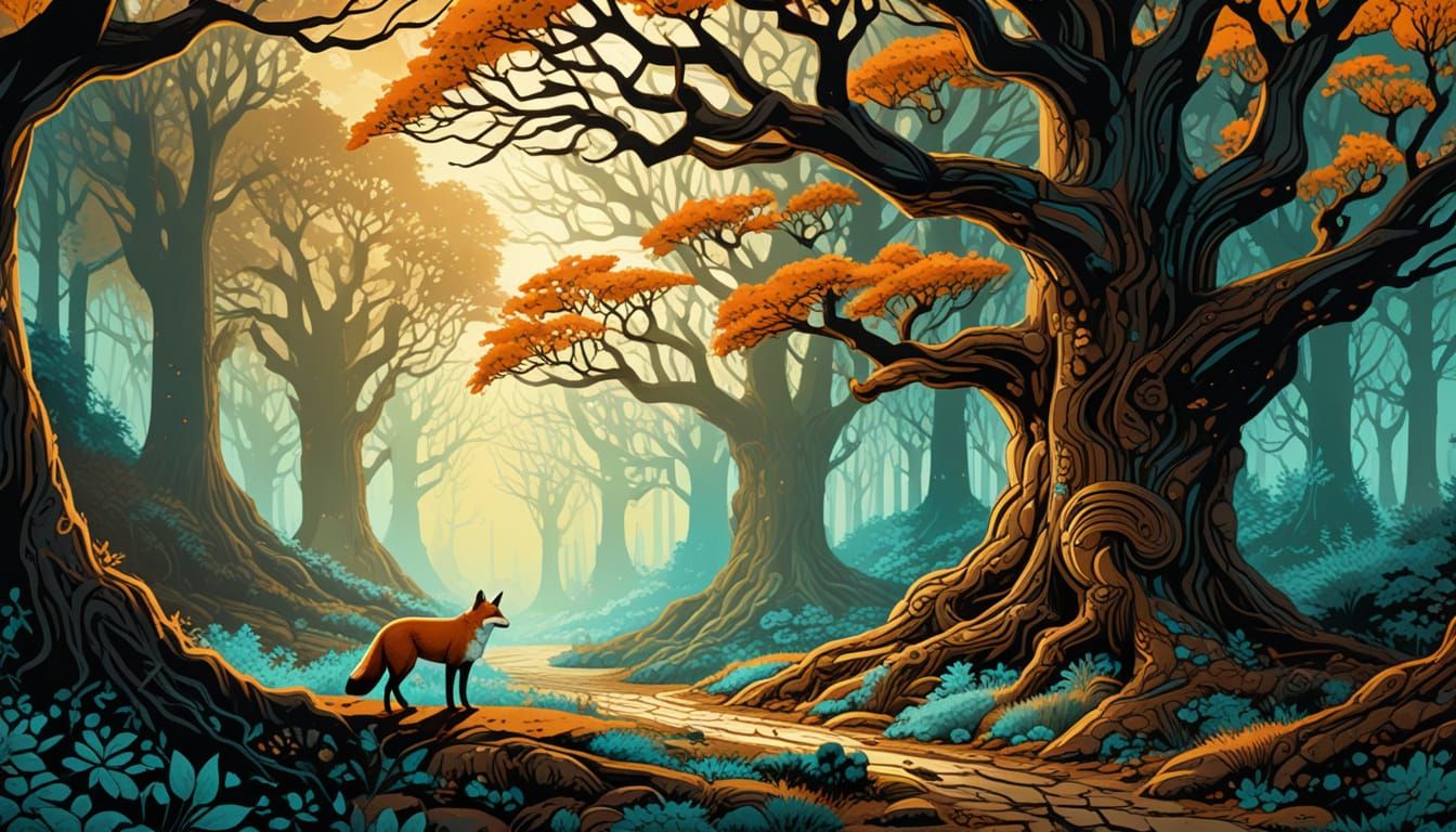 Whimsical Woodland Encounter in Folk-Art Style