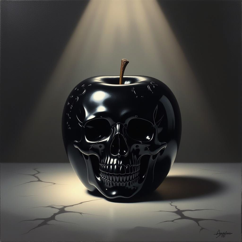 Gothic Black Apple with Skull Carvings in Dramatic Light