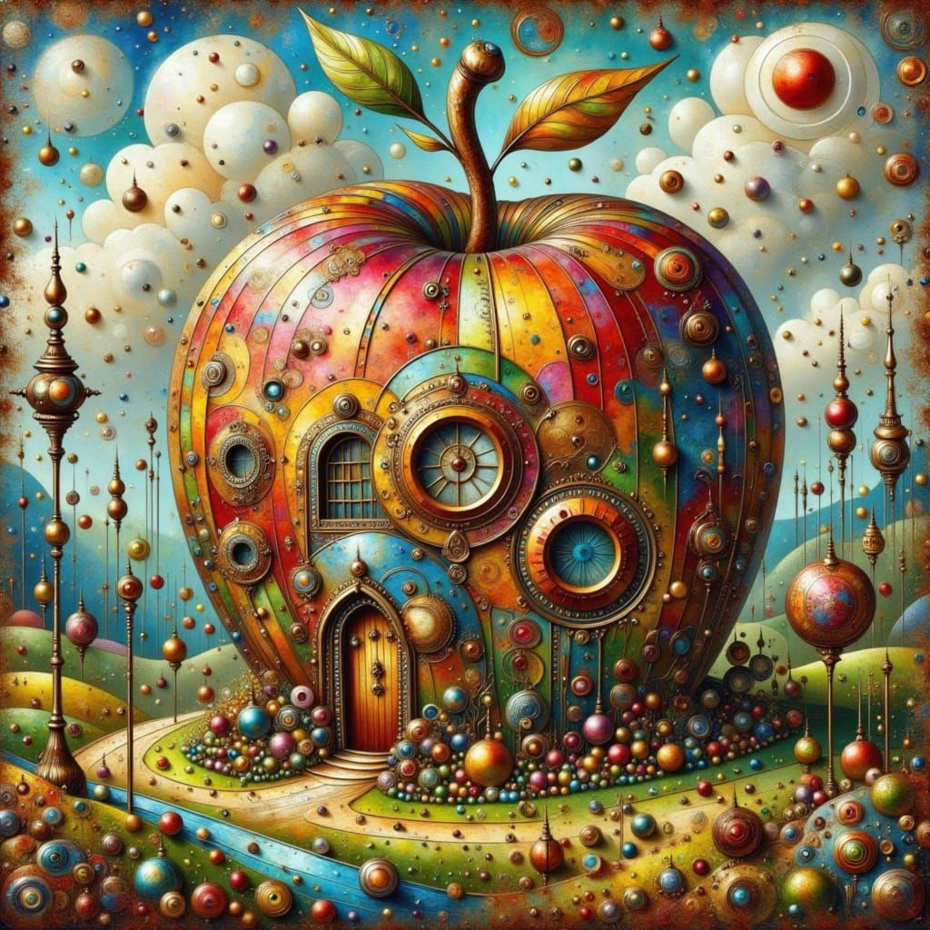Surreal Steampunk Estate with Towering Apple Structure