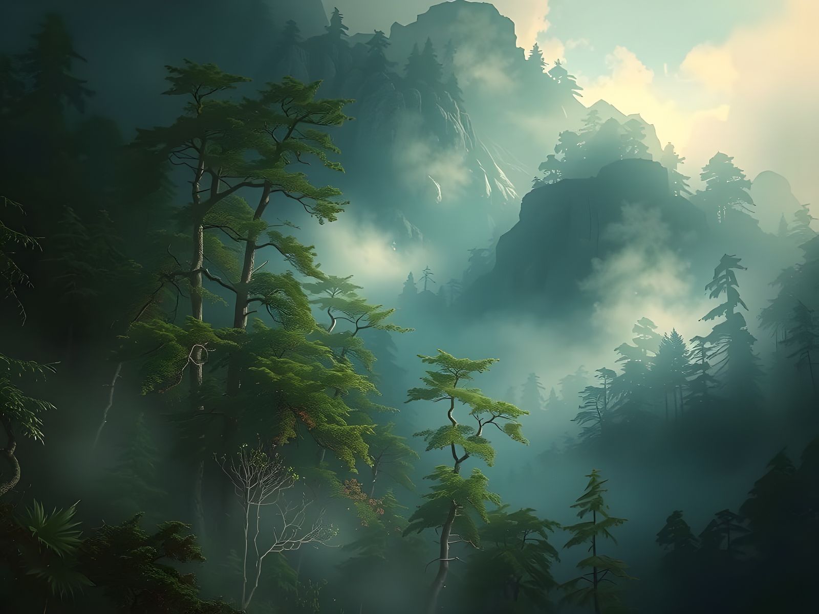 Ethereal Mountain Forest in Gouache and Watercolor Style