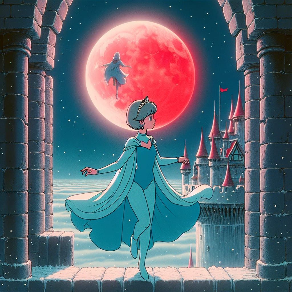 Vintage Princess on Parapet Under Starry Night