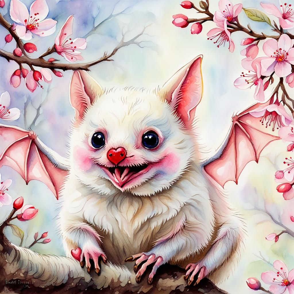 Whimsical Pink Bat Portrait in Watercolour Style