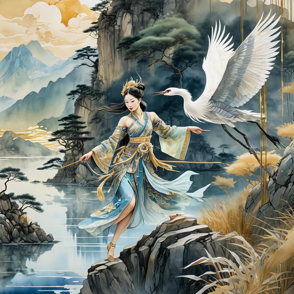 Chinese Warrior Princess with Crane in Watercolor Painting