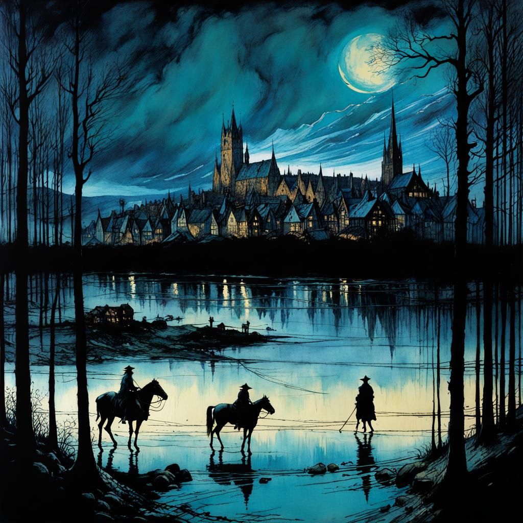 Medieval Townscape in Mysterious Nocturnal Glow