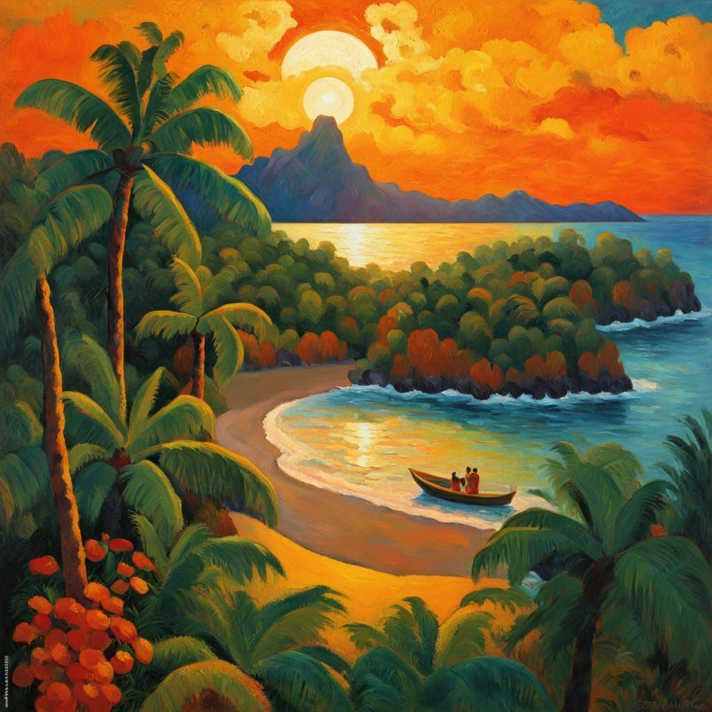 Post-Impressionist Sunrise Over Tropical Island