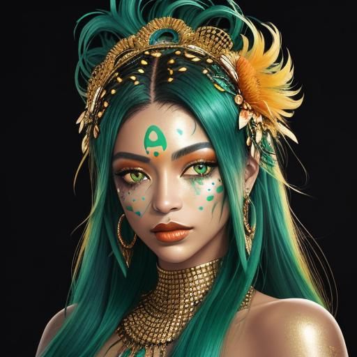 Woman with Gold Skin and Peacock Feathers in Street Art