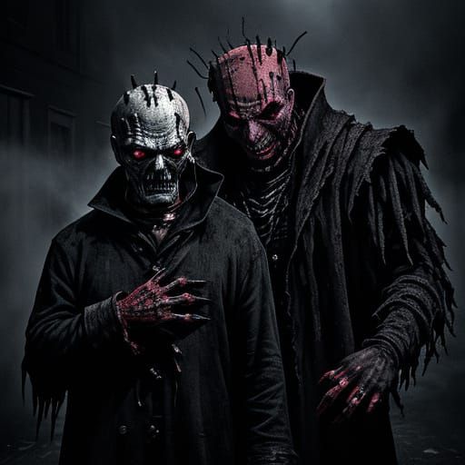 Freddy Krueger and Pinhead in Dark Fantasy Art Style