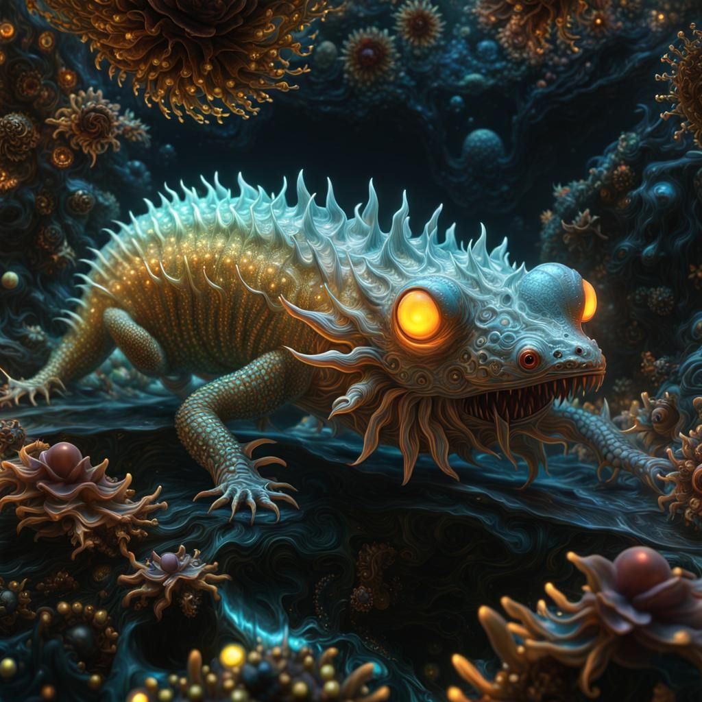 Bioluminescent Axolotl Kaiju Formed from Mandelbrot Fractal