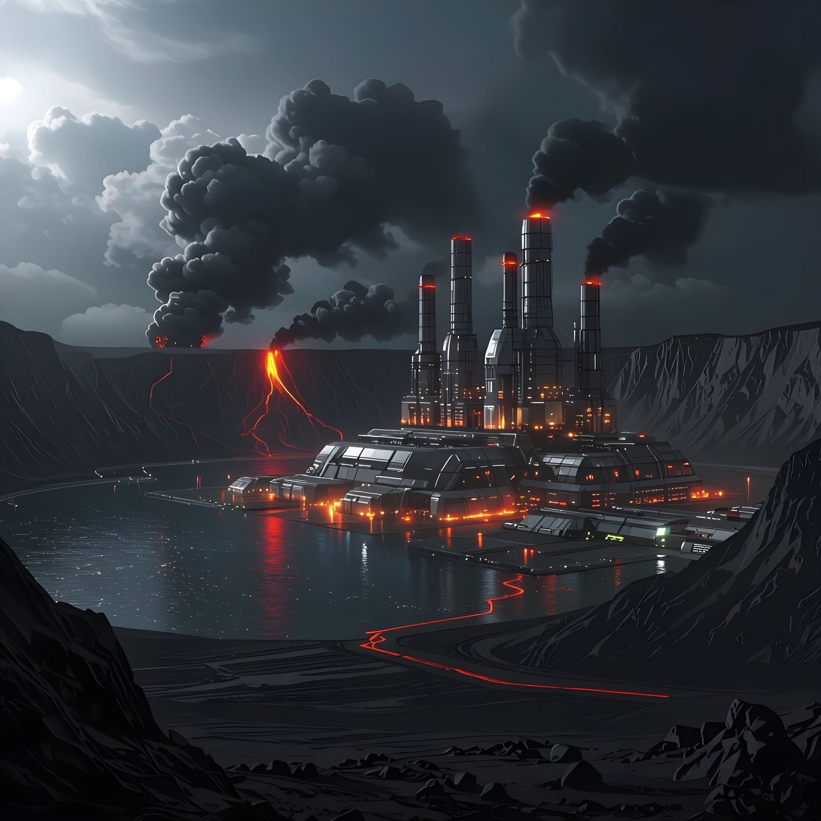 Sci-Fi Factory by Volcanic Lake on Dark Planet