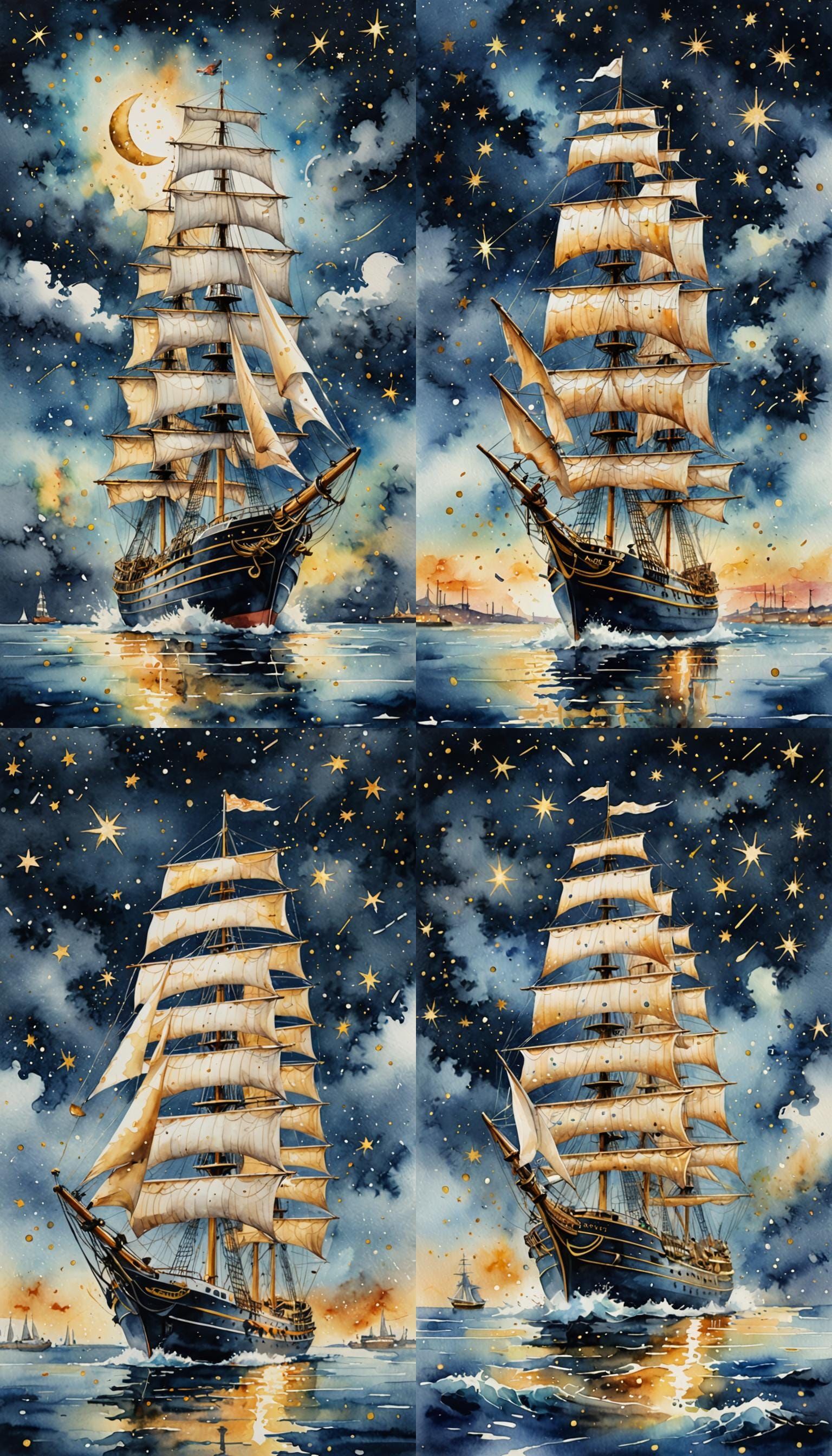 Sailing Ship with Golden Wings Leaving Port in Watercolor