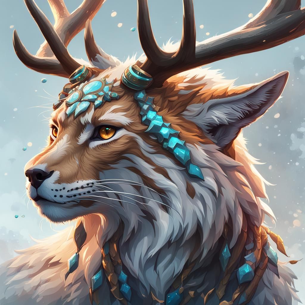 Lynx with Antlers and Deer Hooves Portrait