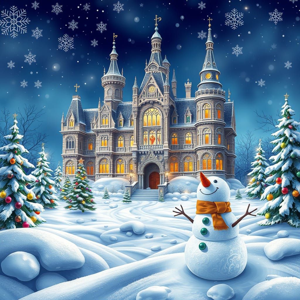 Majestic Winter Castle Scene in Abstract Fractal Style