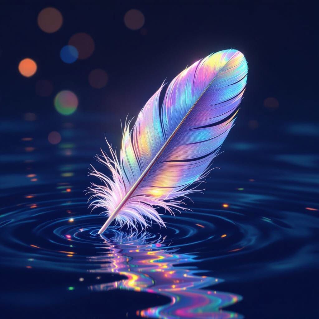 Ethereal Feather on Indigo Water with Rainbow Gradients