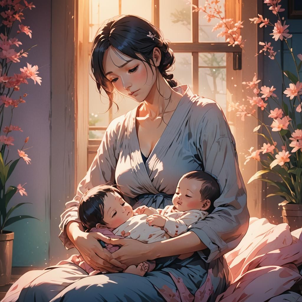 Anime Mother and Child in Studio Trigger Style