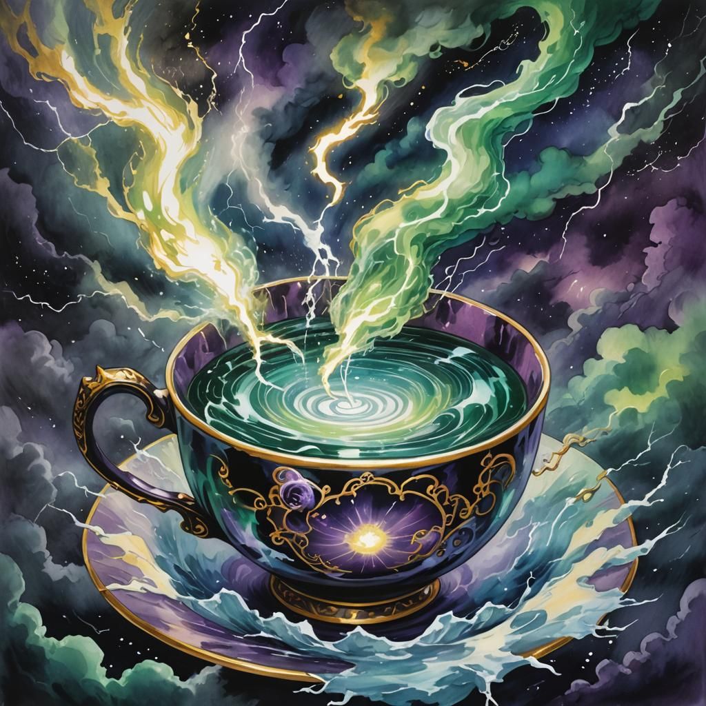 Fantasy Anime: Teacup Vortex in Ink Wash Style