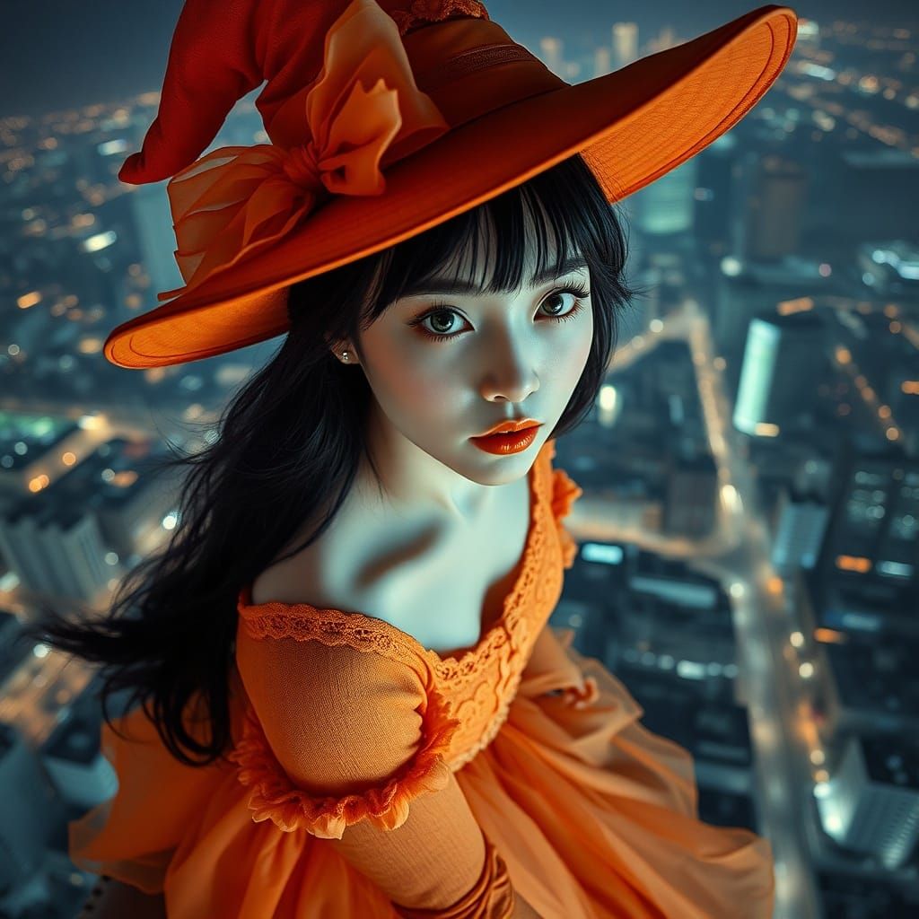 By night,  riding a witch's flying-broom over the city.