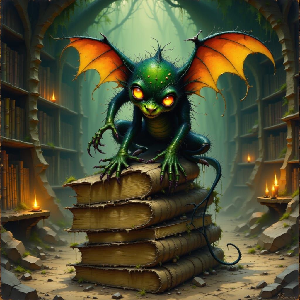 Gremlin in Hidden Library, Dark Fantasy Digital Art