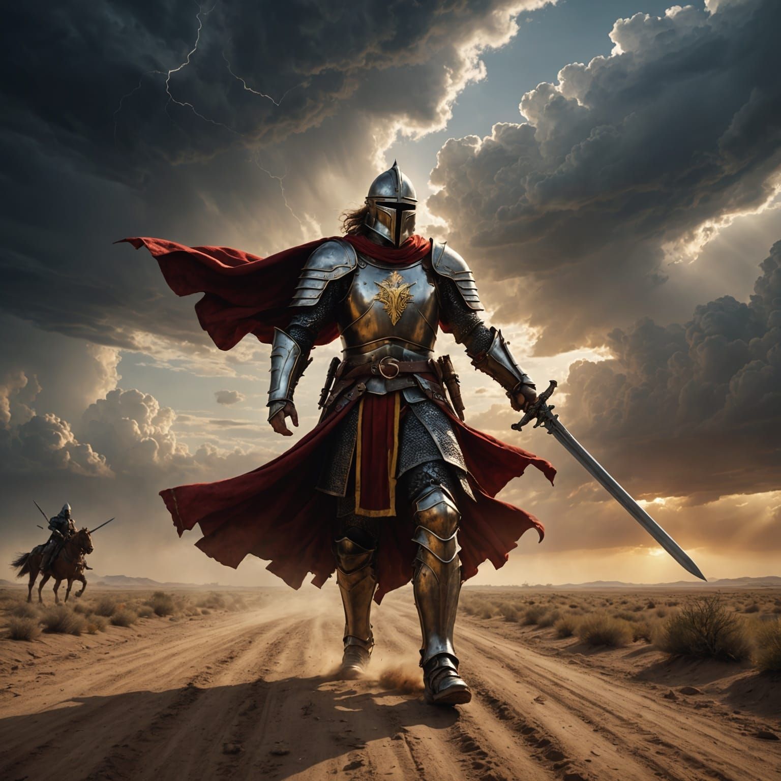 Medieval Warrior Points Sword in Dark Fantasy Landscape