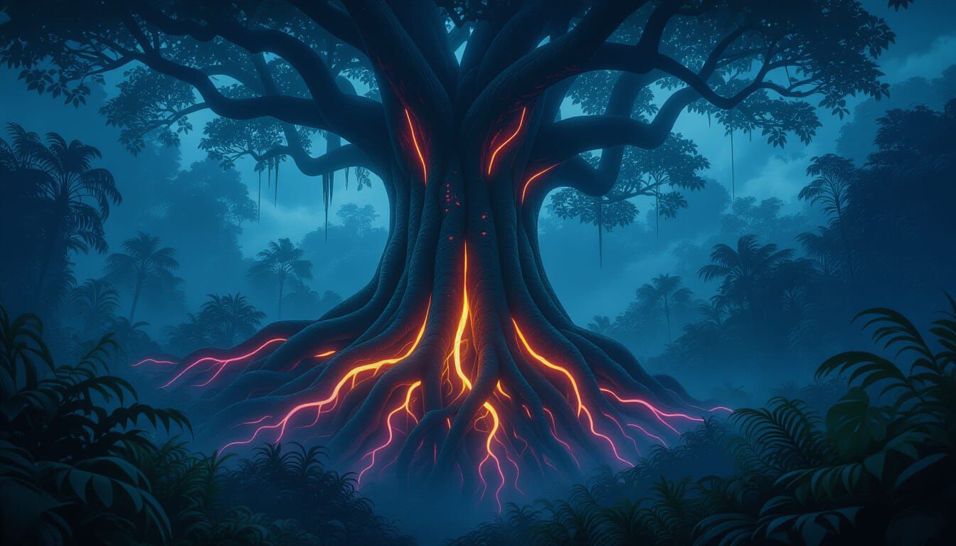Ancient Bioluminescent Tree in Alien Jungle