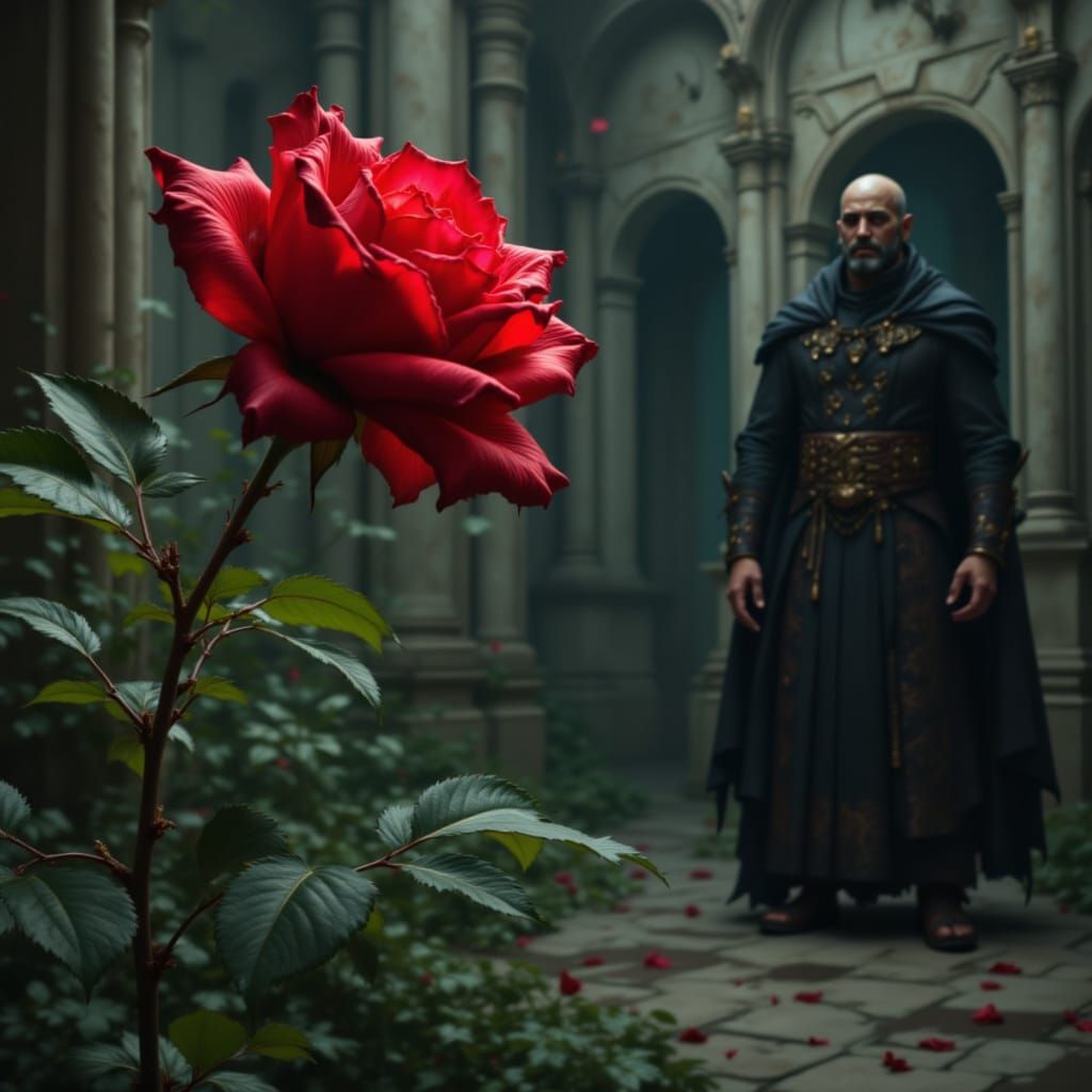 Radiant Red Rose in Shadowy Castle Garden