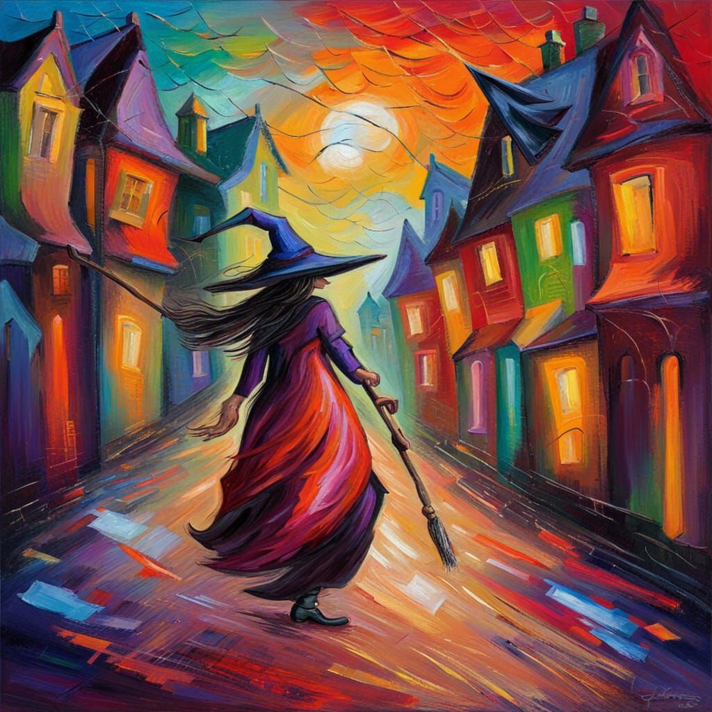 Witch Rides Broom Through City, Impressionist Style