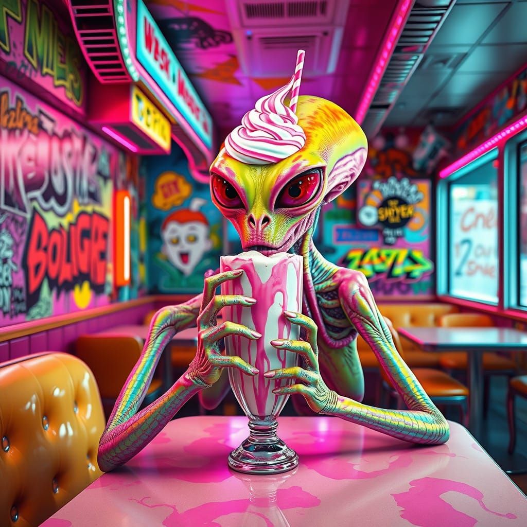 Surreal Milkshake Scene in Retro-Futuristic Diner