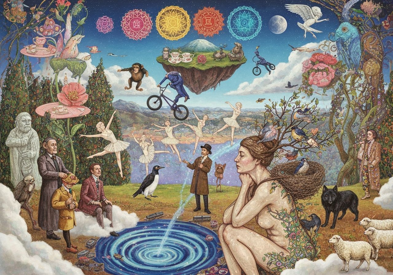 Surreal Tea Party on Floating Island: Psychedelic Art