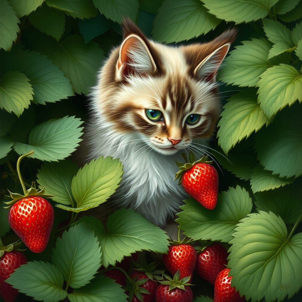 Realistic Ragdoll Cat with Strawberry in Lush Greenery
