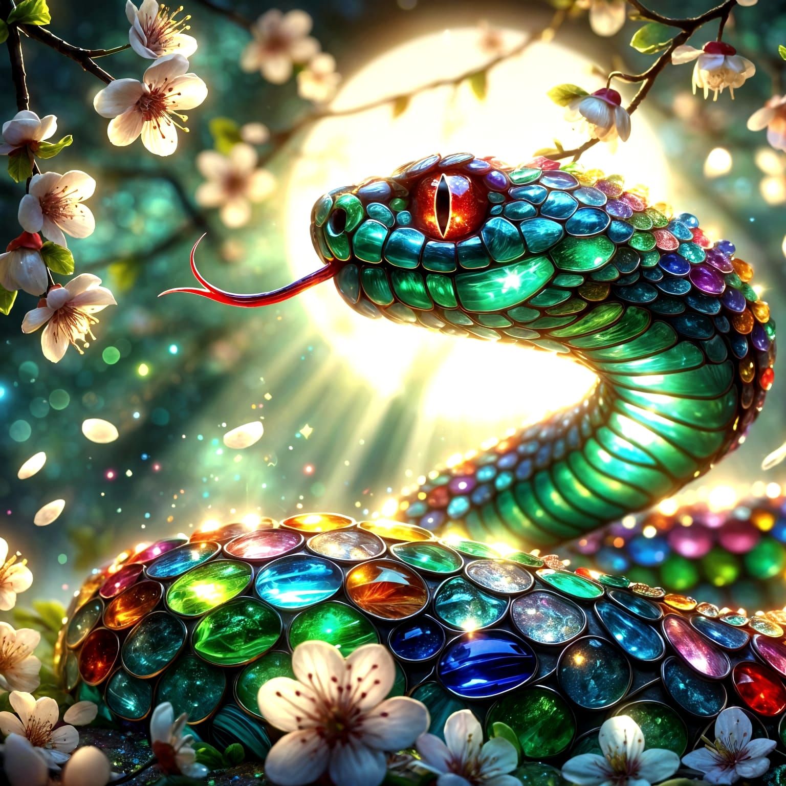 Radiant Stained Glass Snake in Magical Garden