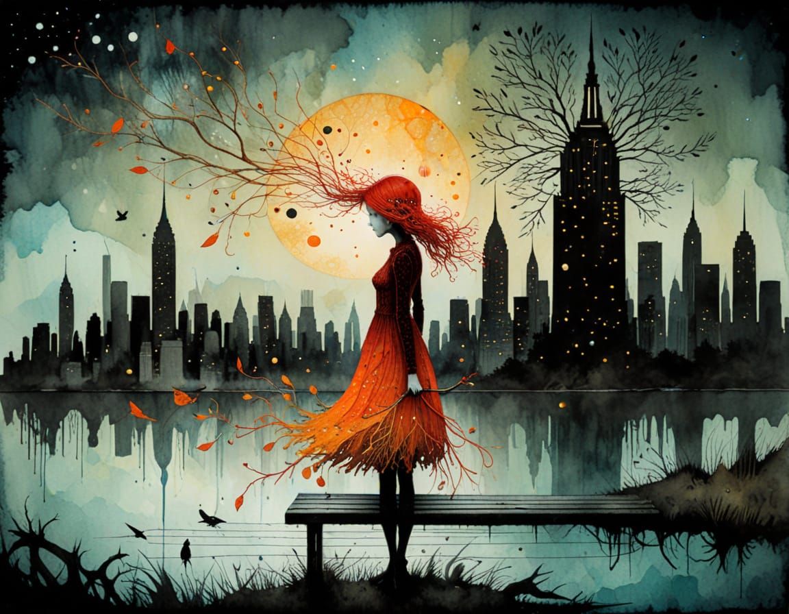 Whimsical Watercolor Bench Scene in New York