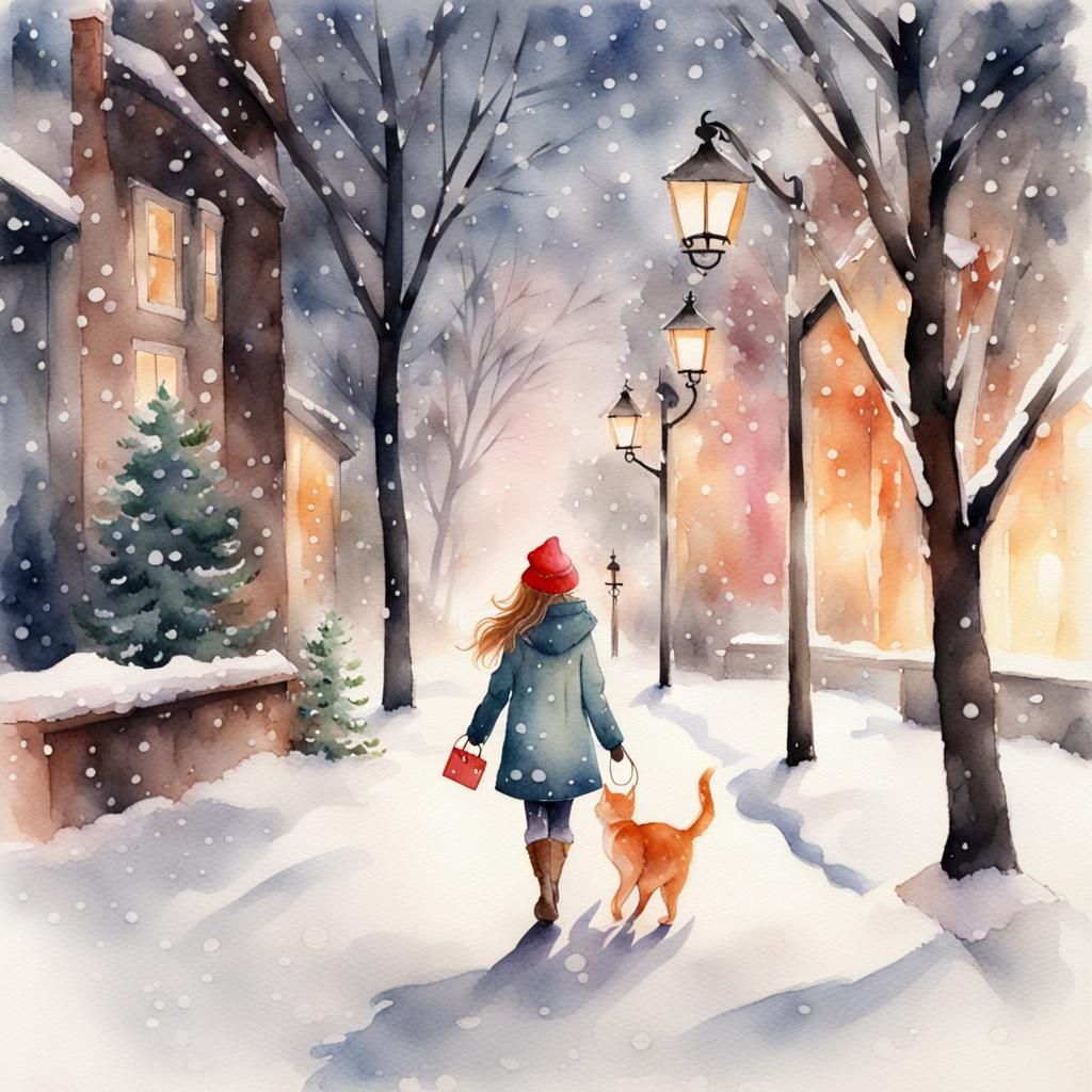 Girls Walking in Snowy Watercolor Landscape