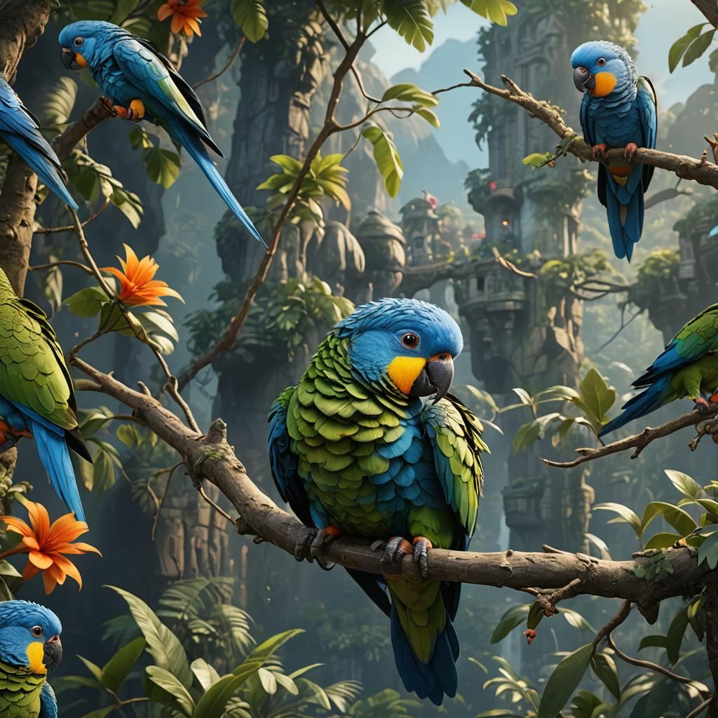 Adorable Blue-Headed Parrot: Detailed Fantasy Concept Art